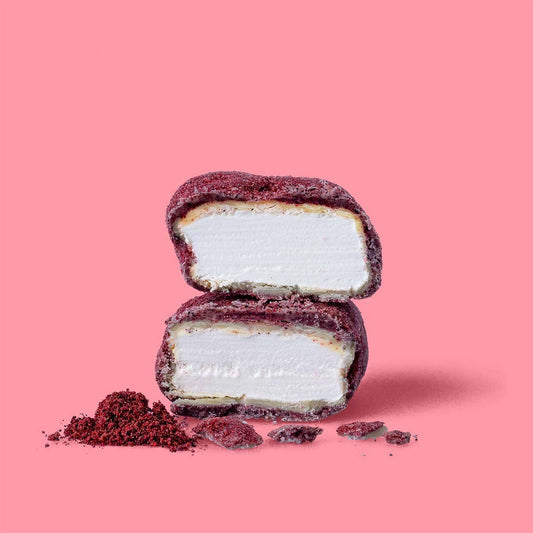 THE MALLOWS BLACKCURRANT & WHITE CHOC - CHOC COATED MARSHMALLOWS