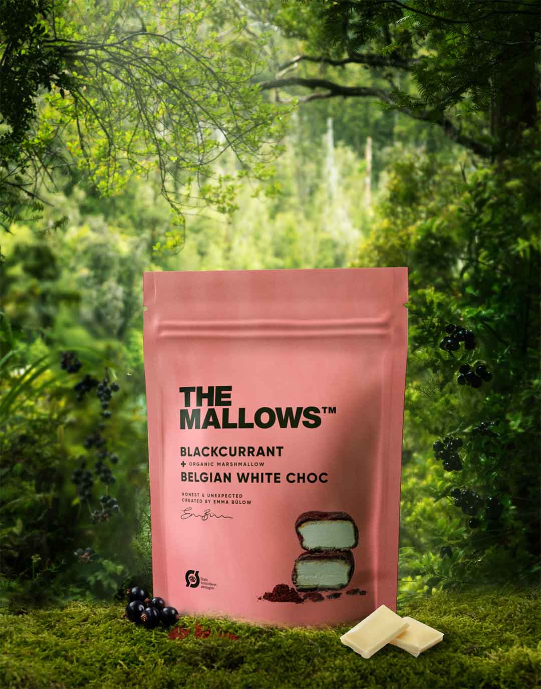 THE MALLOWS BLACKCURRANT & WHITE CHOC - CHOC COATED MARSHMALLOWS